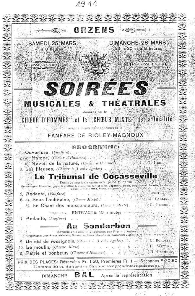 affiche Orzens mars 1911 soirees musicales et theatrales
