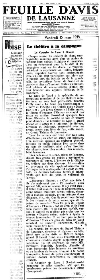 Feuille d Avis de Lausanne 15 mars 1935 Le Courrier de Lyon à ORZENS